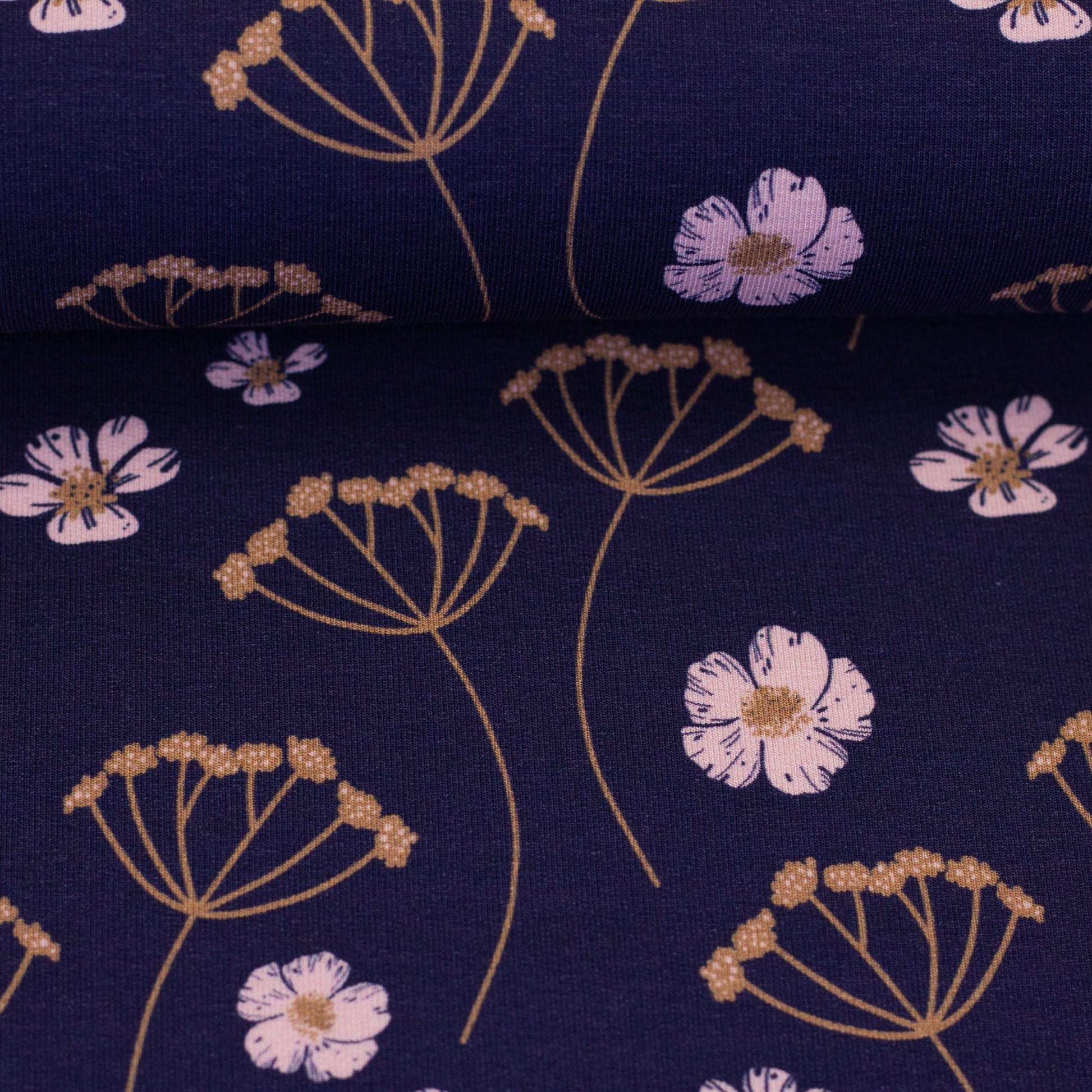 Jersey bouclette en coton - achillées et fleur rose 265 g/m²