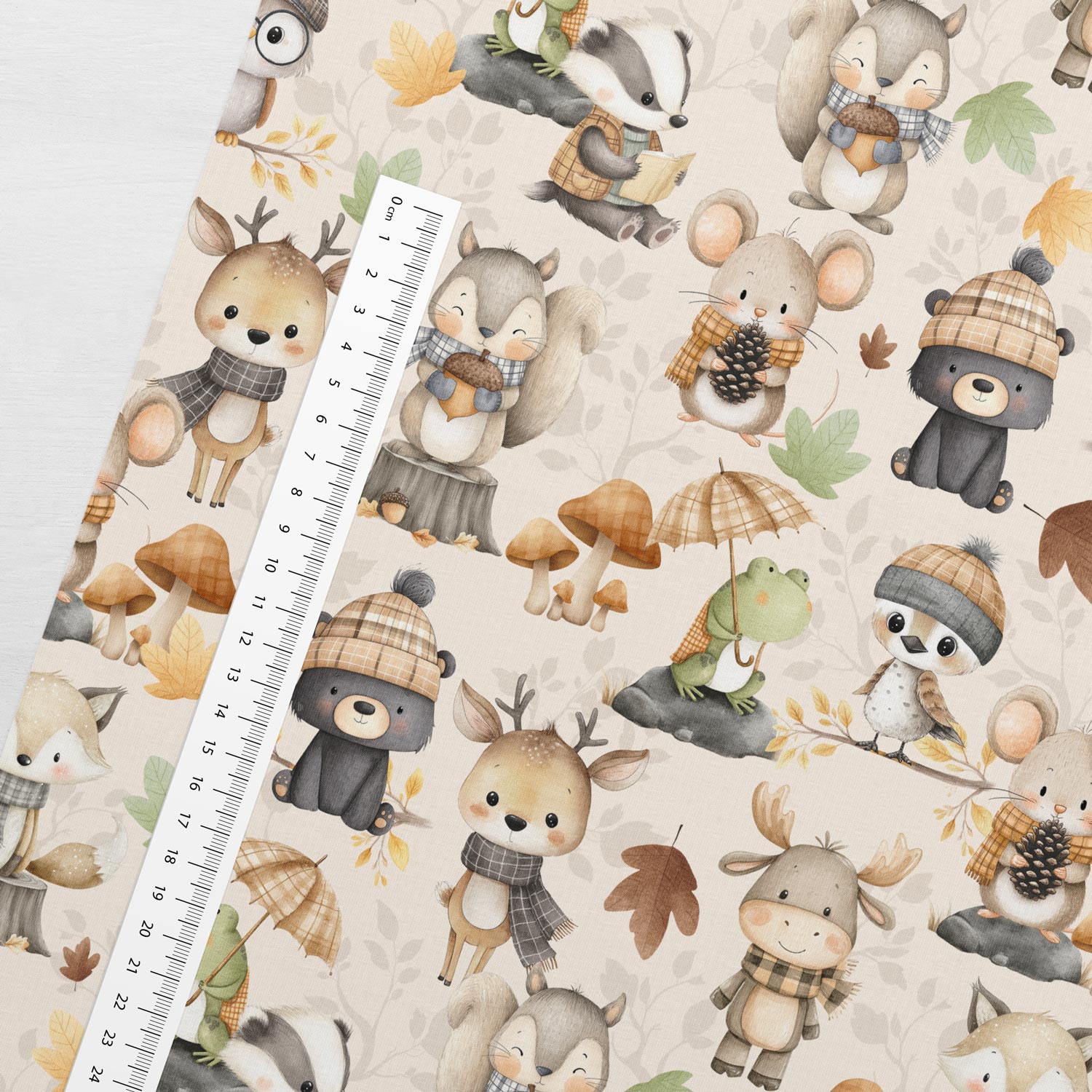 Cotton loopback knit - owl and other animals 250 g/m²