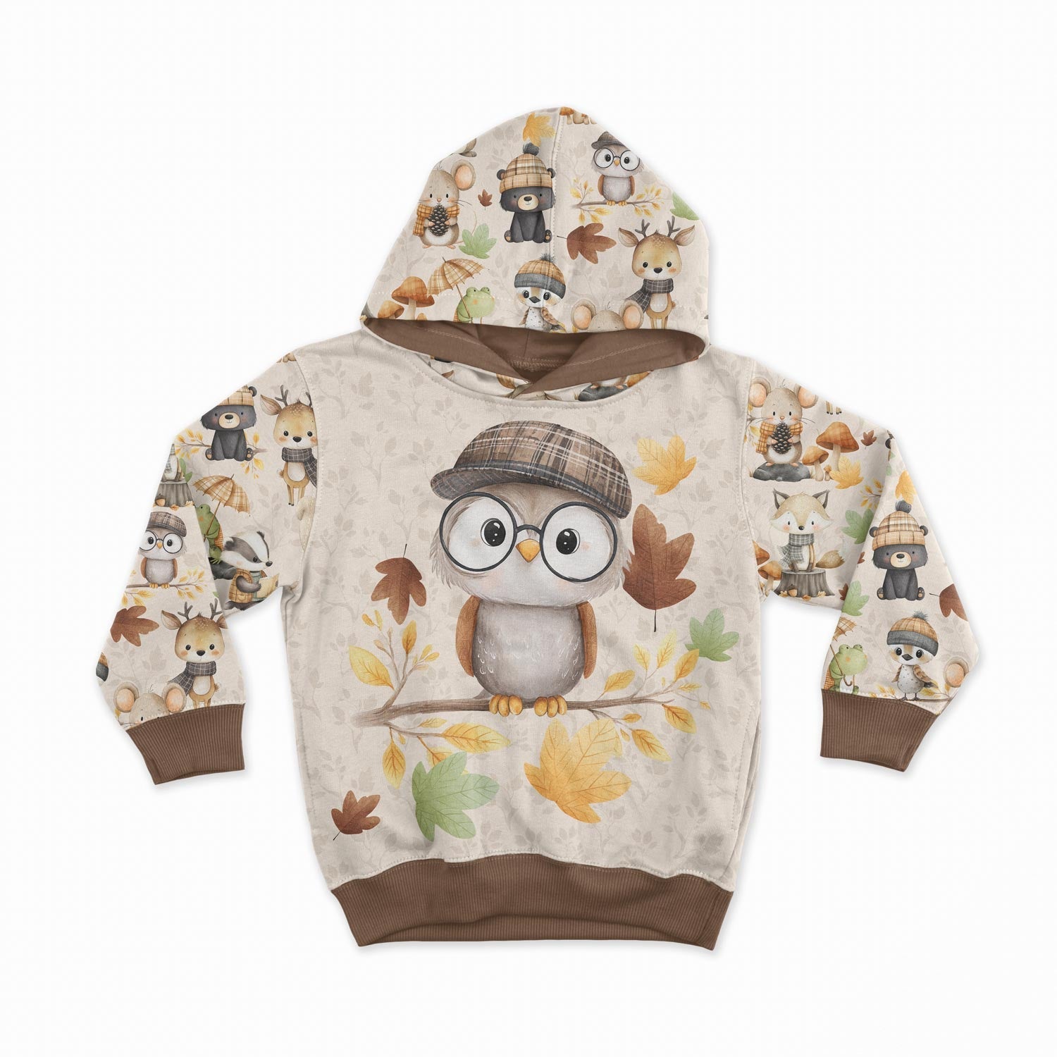 Cotton loopback knit - little owl and other animals 250 g/m²