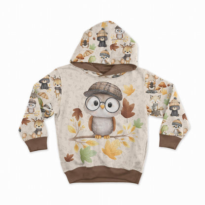Cotton loopback knit - little owl and other animals 250 g/m²
