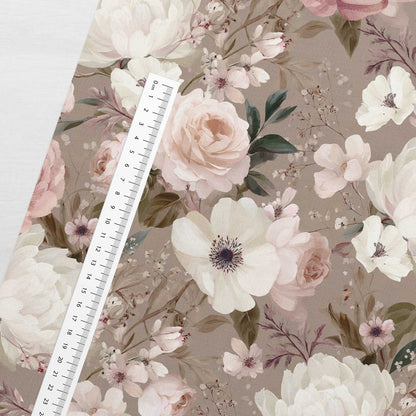 Cotton loopback knit fabric with romantic flowers on a brown background – available online at Charlotte's Fabrics