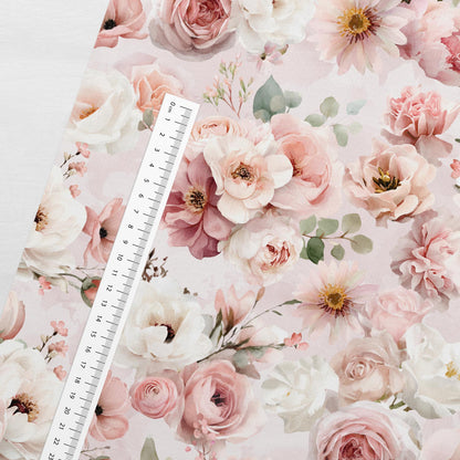 Image de tissu en maille bouclette en coton - jardin de roses 250 g/m² – disponible chez Šarlotes audumi