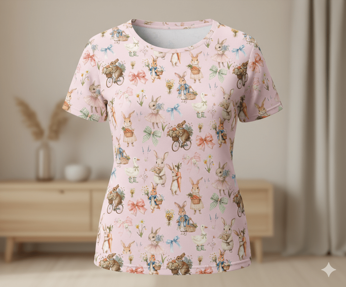 Image en maille bouclette en coton - lapins sur fond rose 250 g/m² – disponible chez Šarlotes audumi