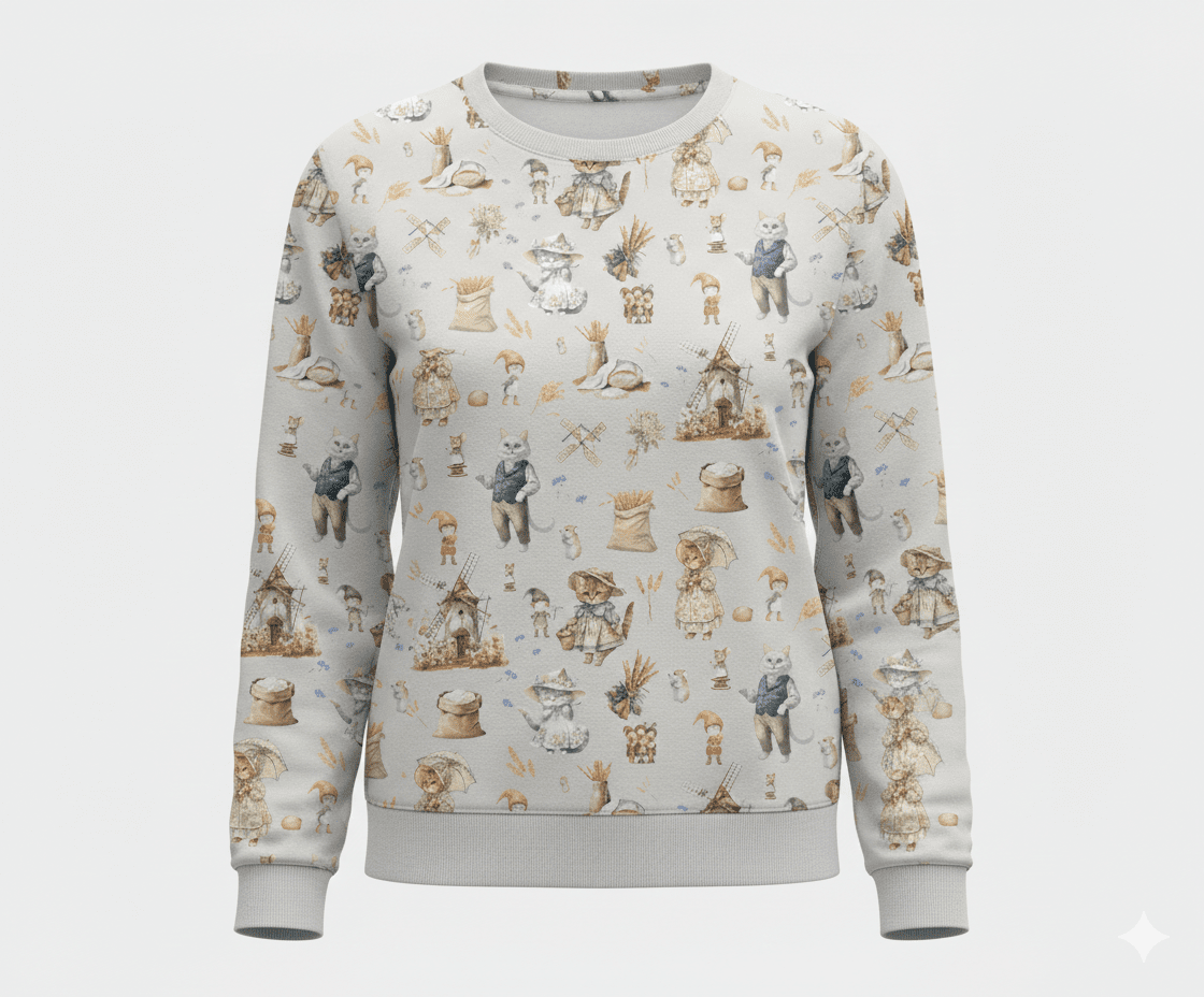 Image avec jersey à boucles en coton - Là où tournent les moulins et ronronne le chat 250 g/m² – disponible chez Šarlotes audumi