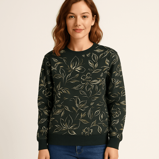 Cotton loopback knit - flowers on a dark green background 225 g/m²