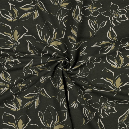 Cotton loopback knit - flowers on a dark green background 225 g/m²