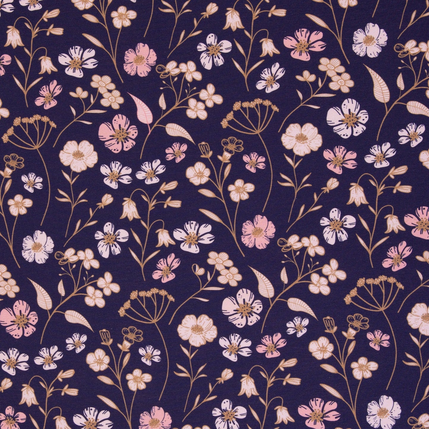 Tricot bouclette en coton à motif floral sur fond bleu foncé 265 g/m²