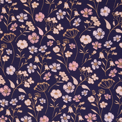 Tricot bouclette en coton à motif floral sur fond bleu foncé 265 g/m²