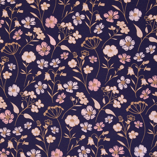 Tricot bouclette en coton à motif floral sur fond bleu foncé 265 g/m²