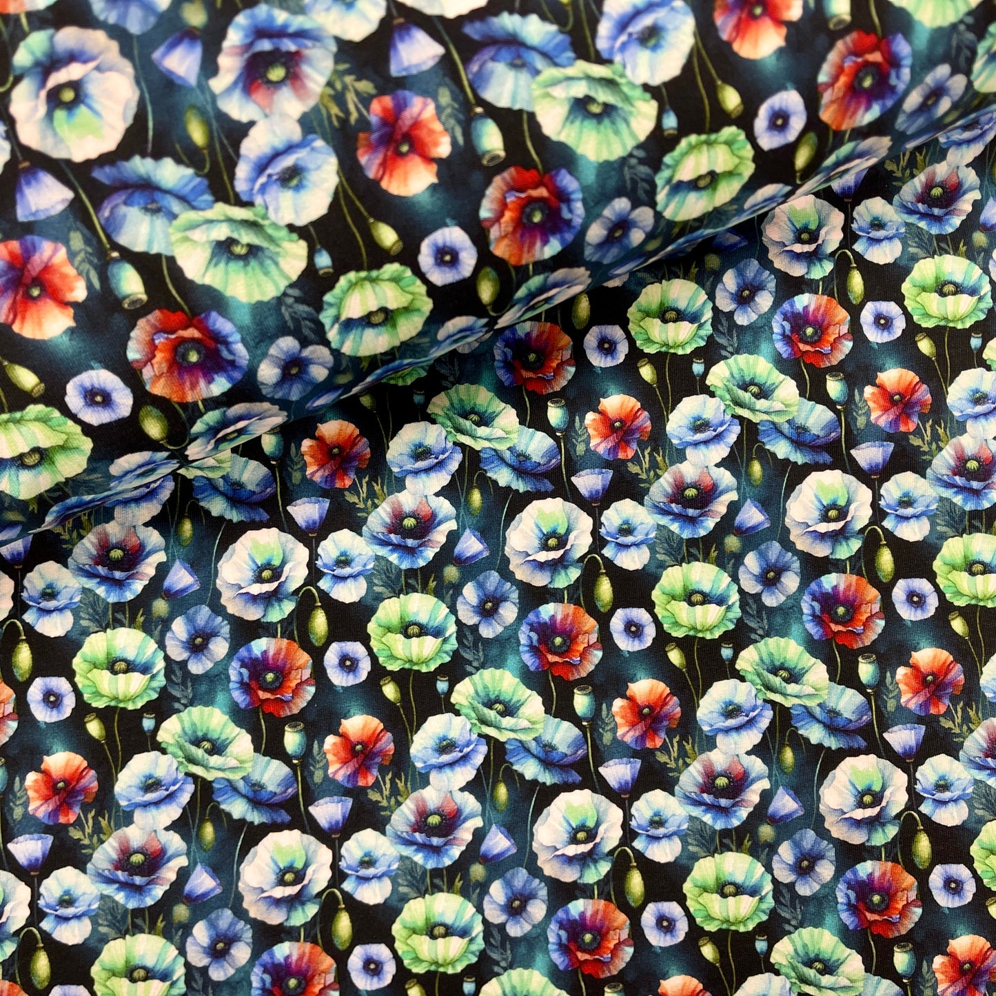 Maille bouclette en coton - pavots bleus 260 g/m²