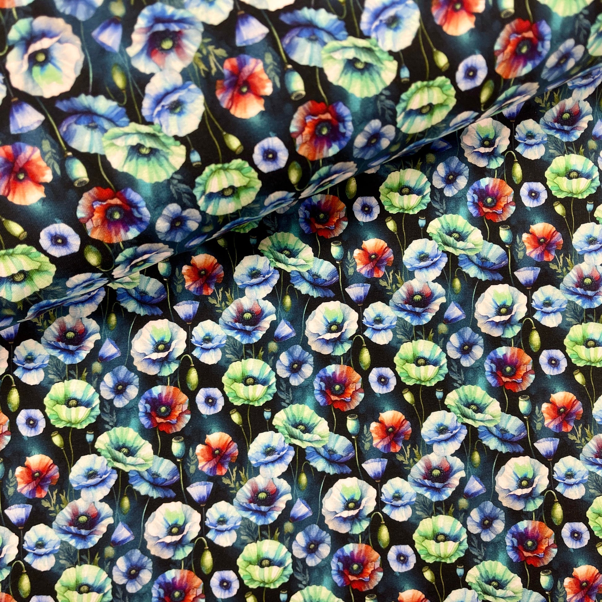 Maille bouclette en coton - pavots bleus 260 g/m²