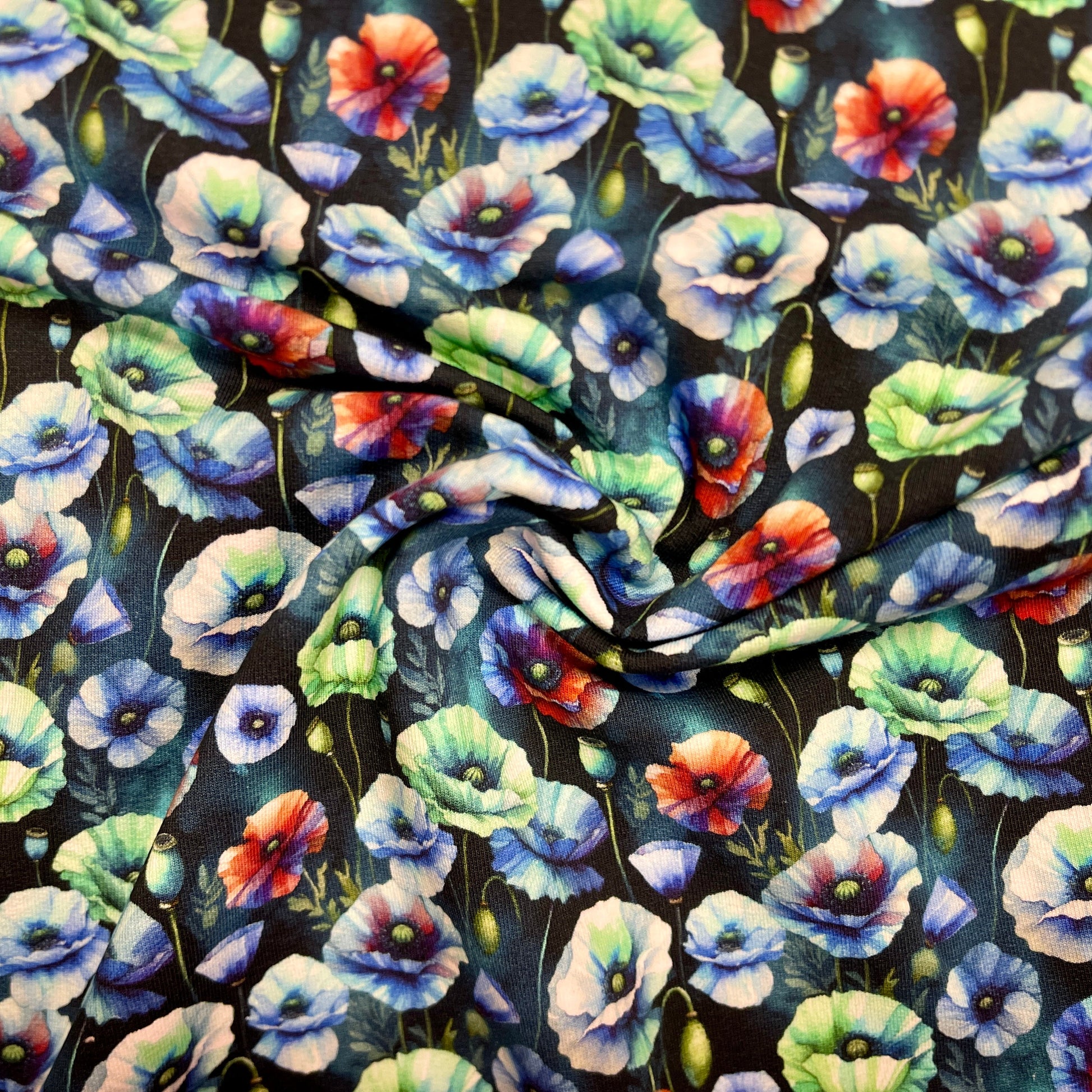 Tricot à boucles en coton - pavots bleus 260 g/m²
