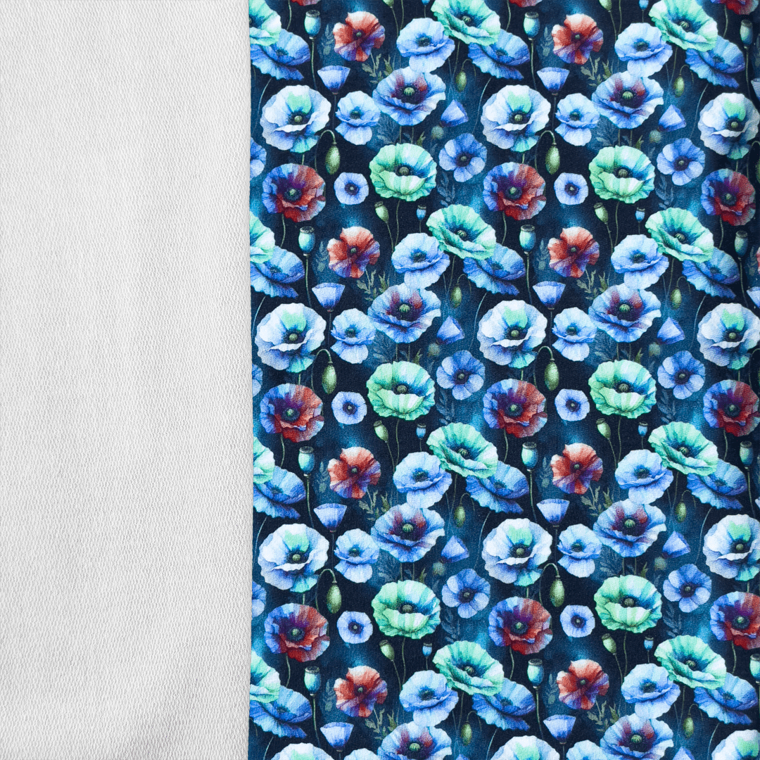Maille bouclette en coton - pavots bleus 260 g/m²