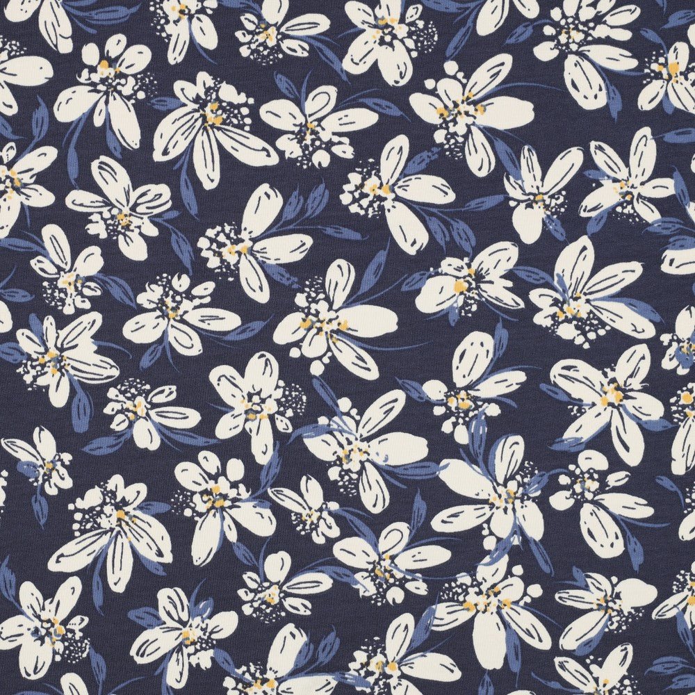 Jersey molletonné en coton - motif floral bleu 225 g/m²