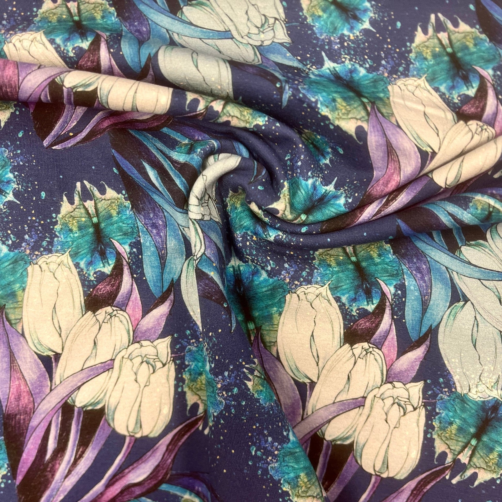 Maille bouclette en coton - motif tulipes bleues 250 g/m²