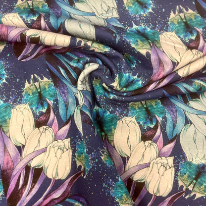 Maille bouclette en coton - motif tulipes bleues 250 g/m²