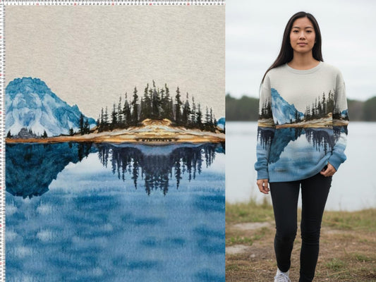 Image of cotton French terry panel - mountain landscape 295 g/m² – available at Šarlotes audumi