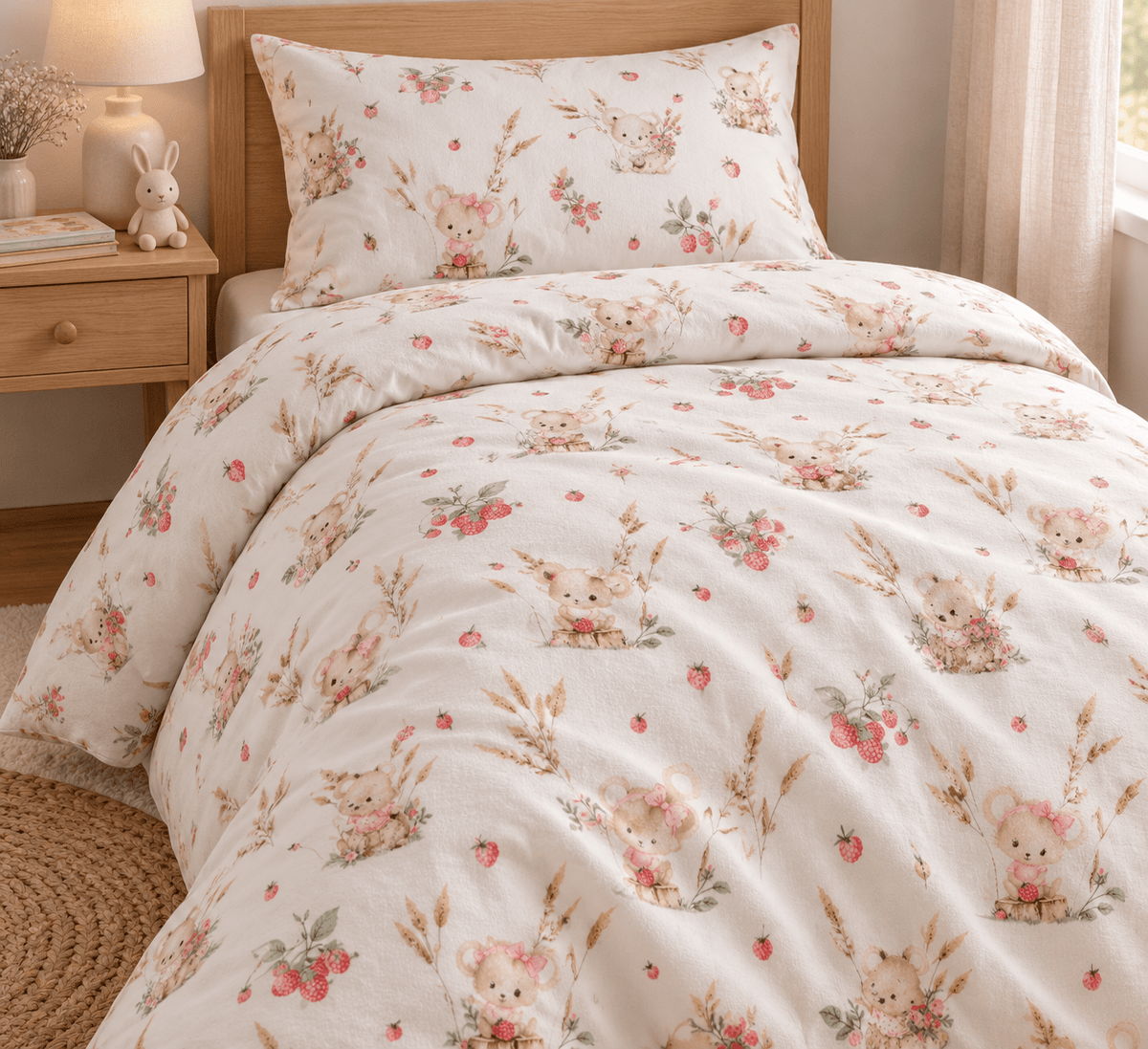 Image de flanelle de coton avec des petites souris et des fraises des bois – 100% coton – disponible en ligne chez Šarlotes audumi