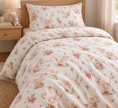 Image de flanelle de coton avec des petites souris et des fraises des bois – 100% coton – disponible en ligne chez Šarlotes audumi
