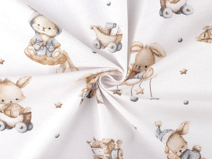 Image de flanelle de coton avec des lapins aux accents gris – 100 % coton – disponible en ligne chez Šarlotes audumi
