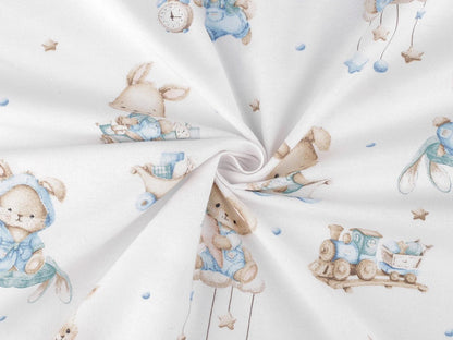 Image de flanelle de coton avec des lapins aux accents bleus – disponible en ligne chez Šarlotes audumi