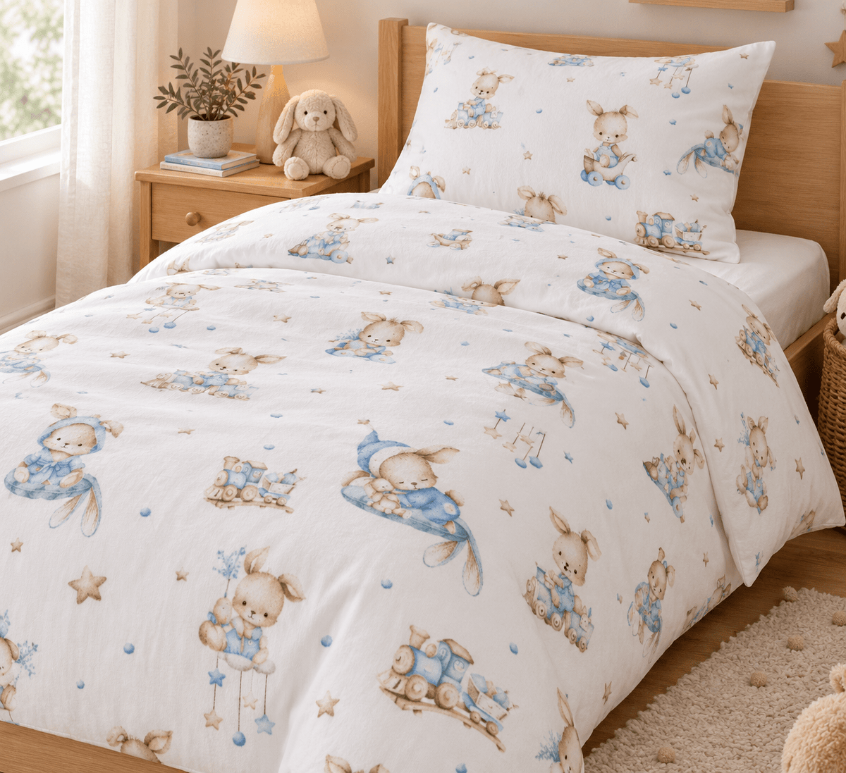 Image de flanelle de coton avec des lapins aux accents bleus – disponible en ligne chez Šarlotes audumi