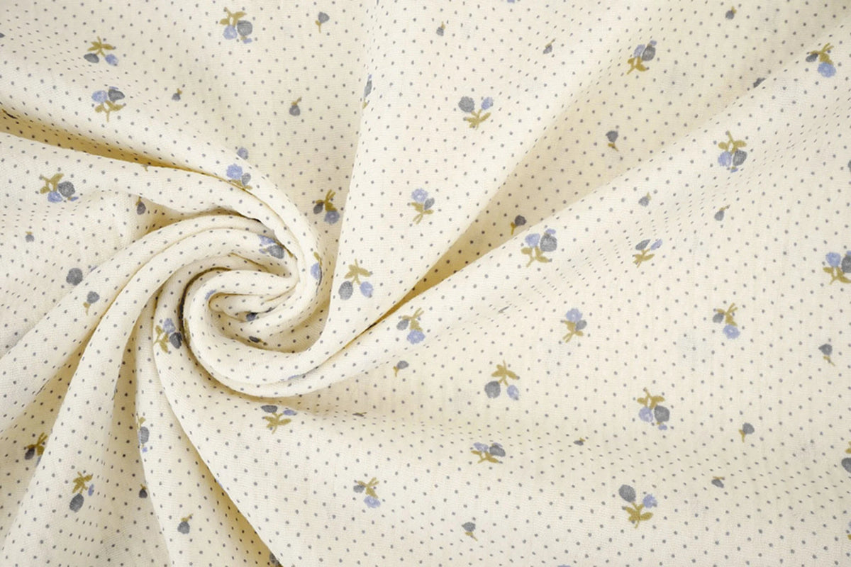 Image de mousseline de coton avec de petites fleurs et des pois – disponible en ligne chez Charlotte Fabrics