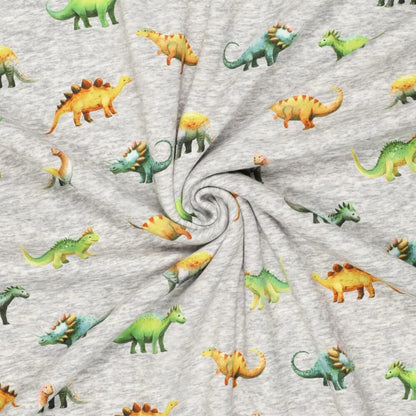 Image de tricot de coton molletonné | Alpen fleece-dinosaures sur fond gris – disponible en ligne chez Šarlotes audumi