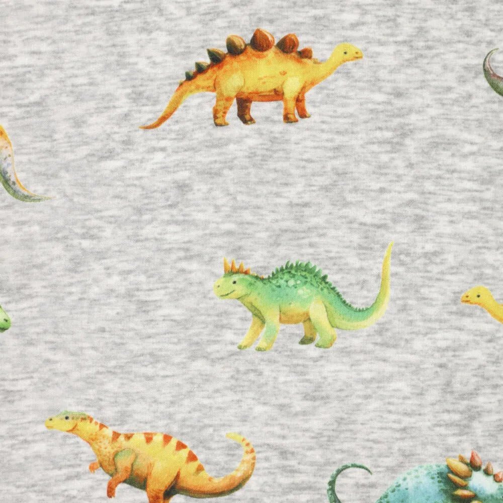 Image de tricot de coton molletonné | Alpen fleece-dinosaures sur fond gris – disponible en ligne chez Šarlotes audumi