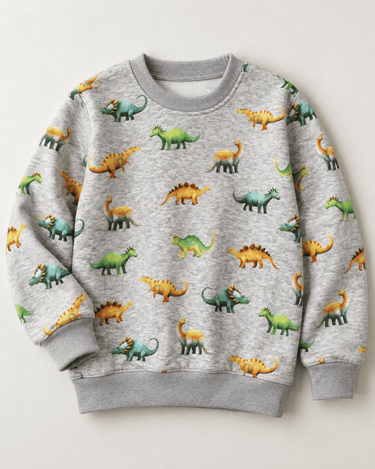 Image de tricot de coton molletonné | Alpen fleece-dinosaures sur fond gris – disponible en ligne chez Šarlotes audumi