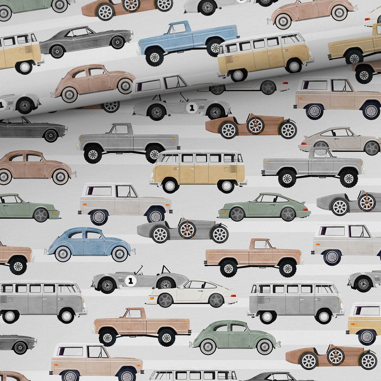 Image of cotton jersey knit with cars in light gray tones 200 g/m² – available from Šarlotes audumi