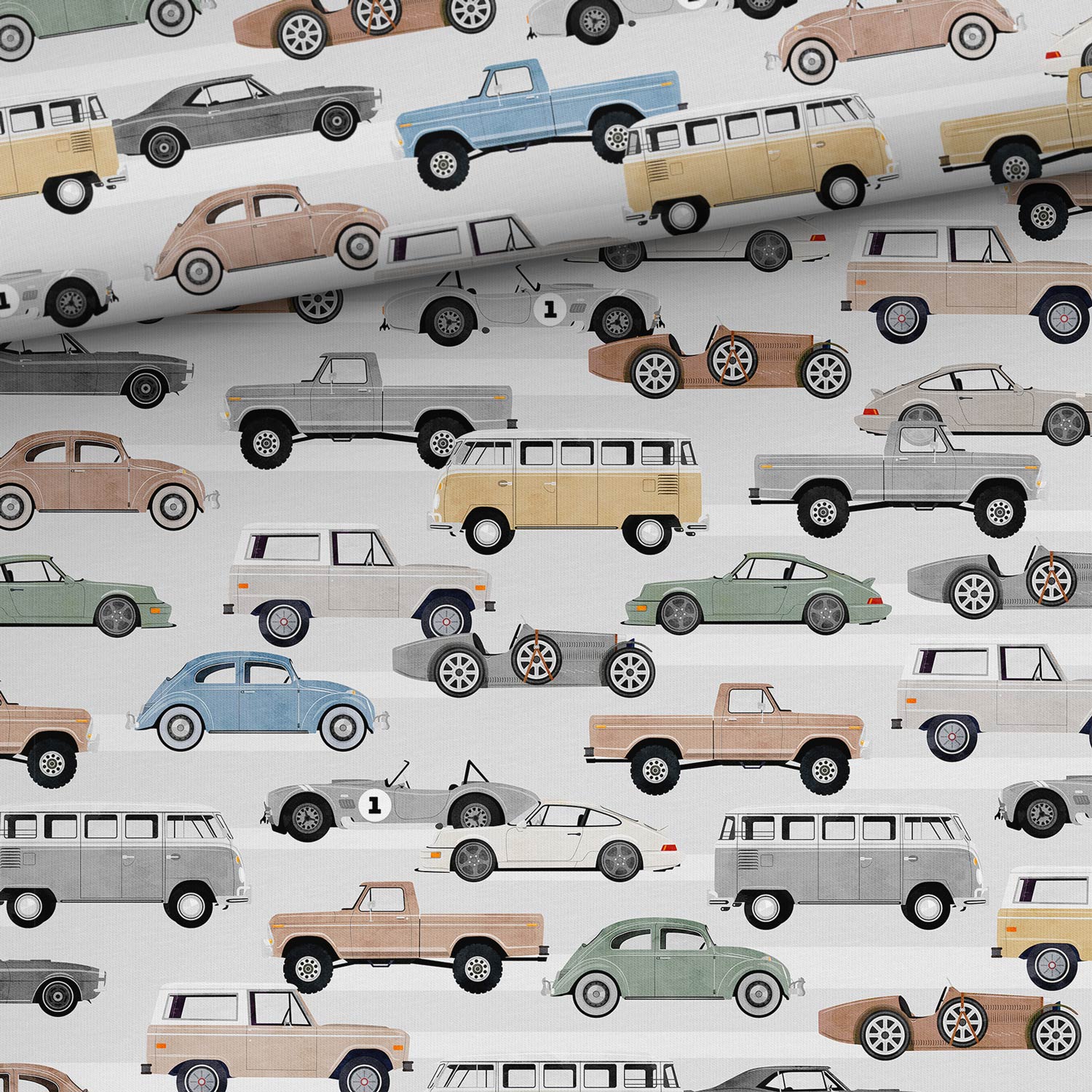 Image of cotton jersey knit with cars in light gray tones 200 g/m² – available from Šarlotes audumi