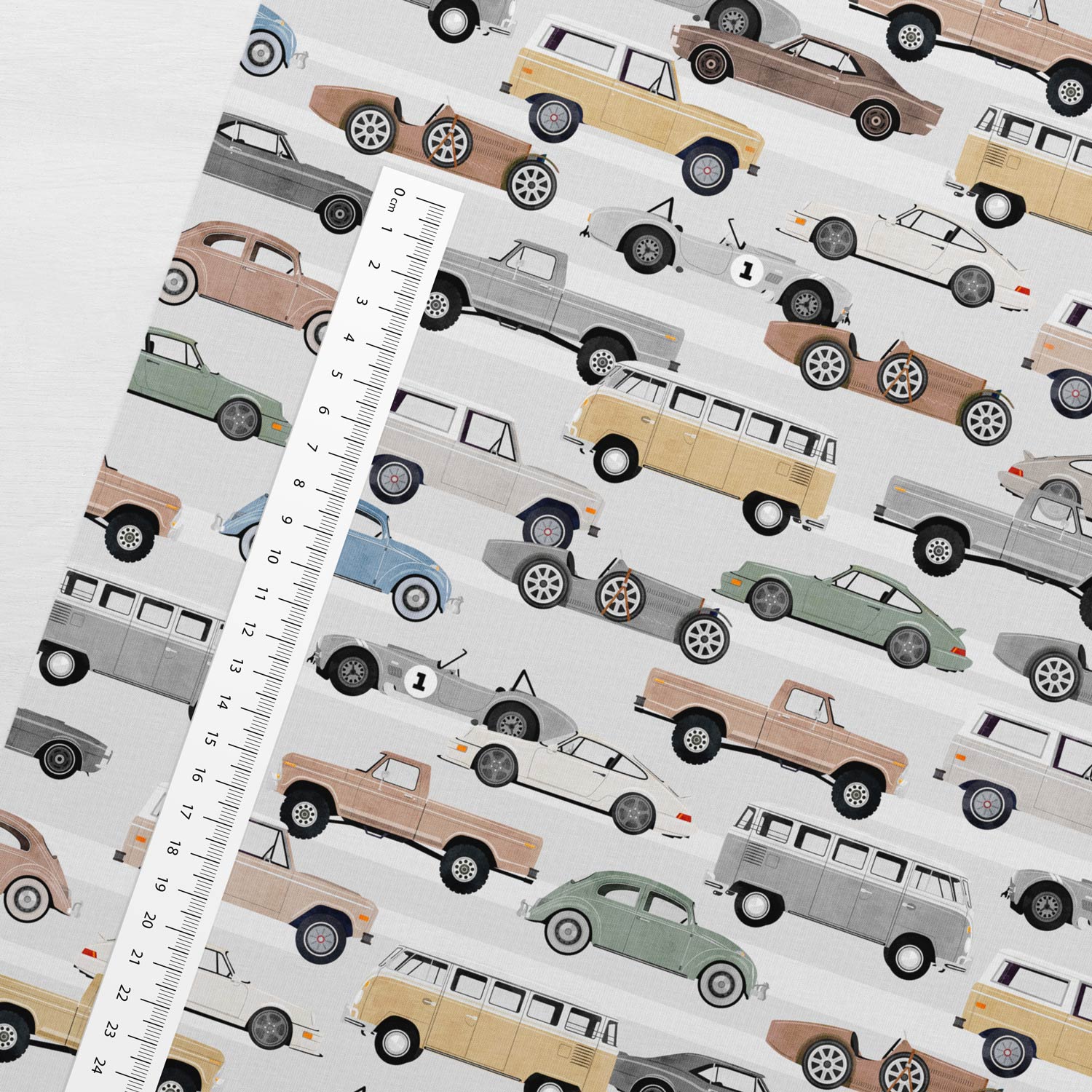 Image with cotton knit - car in light gray tones 200 g/m² – available at Šarlotes audumi