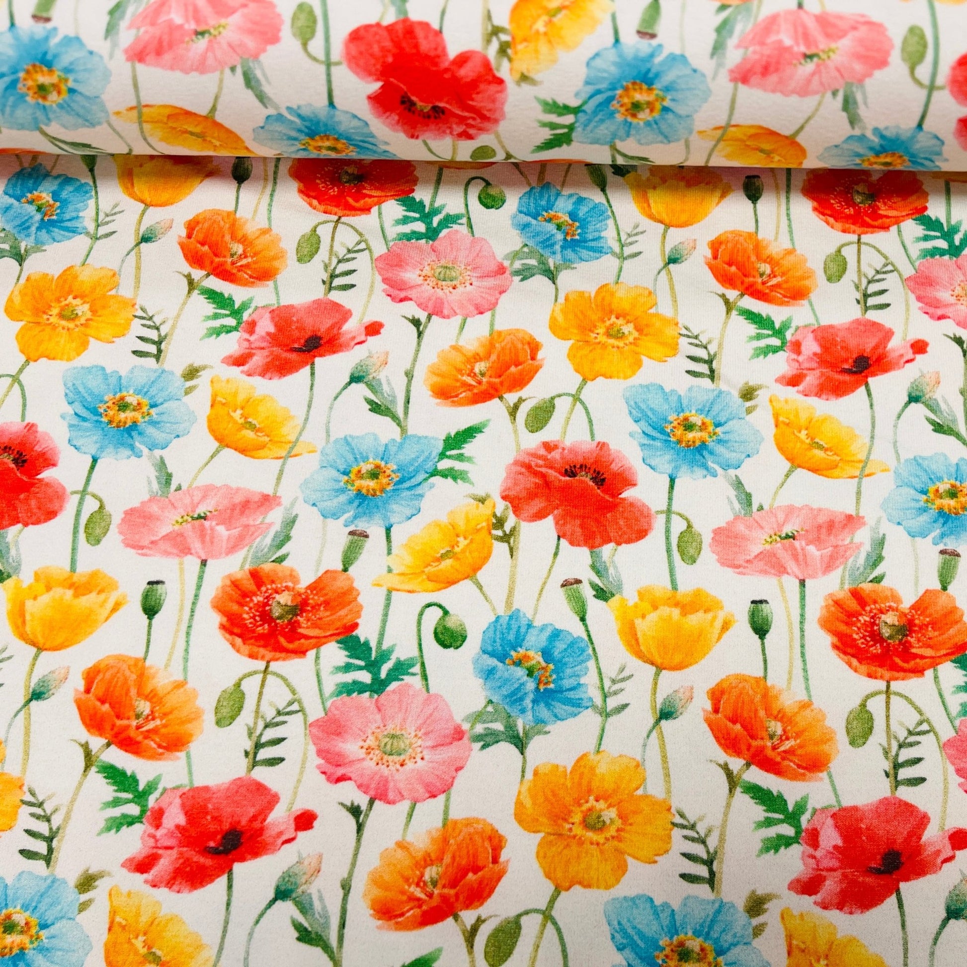 Jersey de coton - coquelicots colorés sur fond blanc 250 g/m²