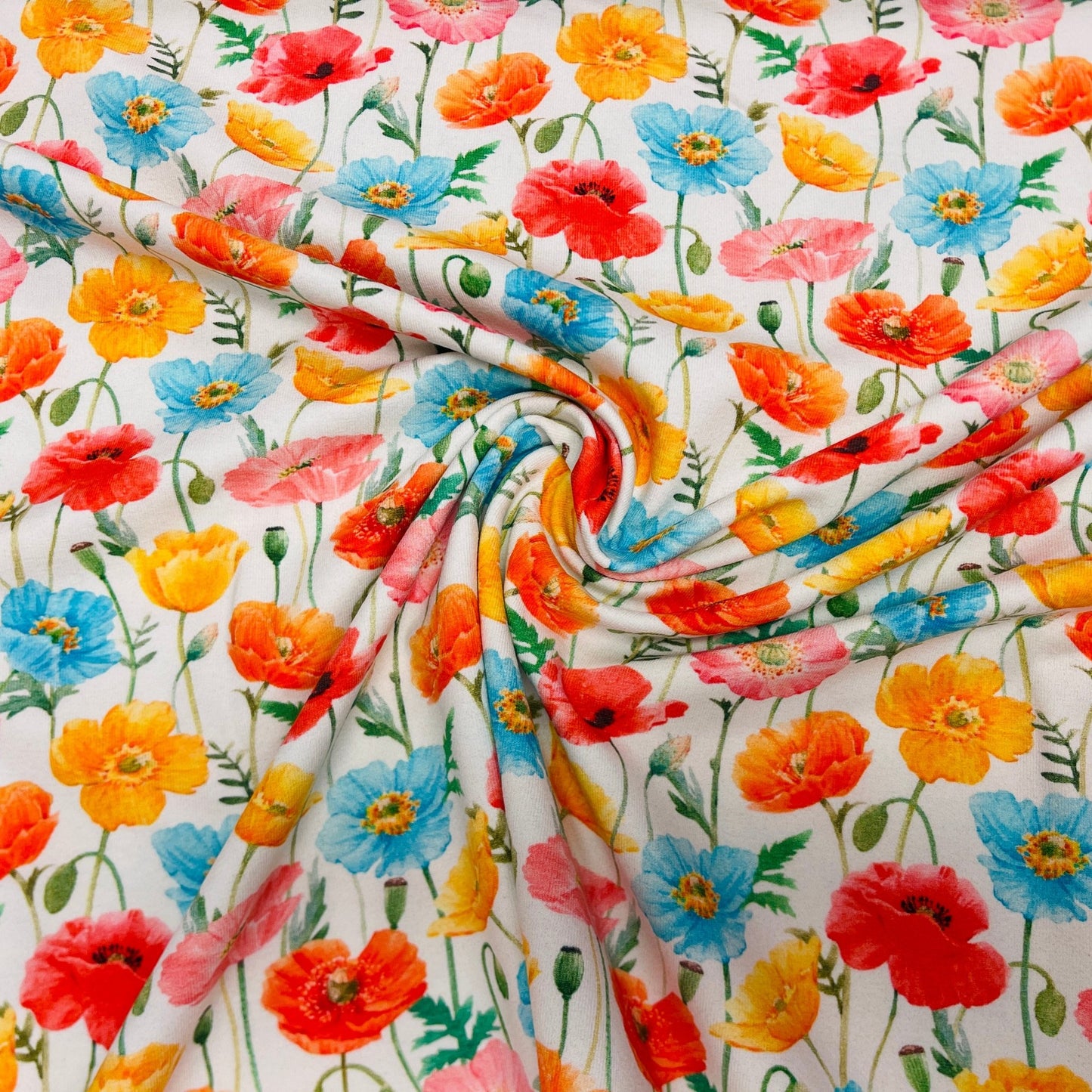 Jersey de coton - coquelicots colorés sur fond blanc 250 g/m²