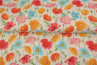 Jersey en coton - coquelicots colorés sur fond blanc 250 g/m²