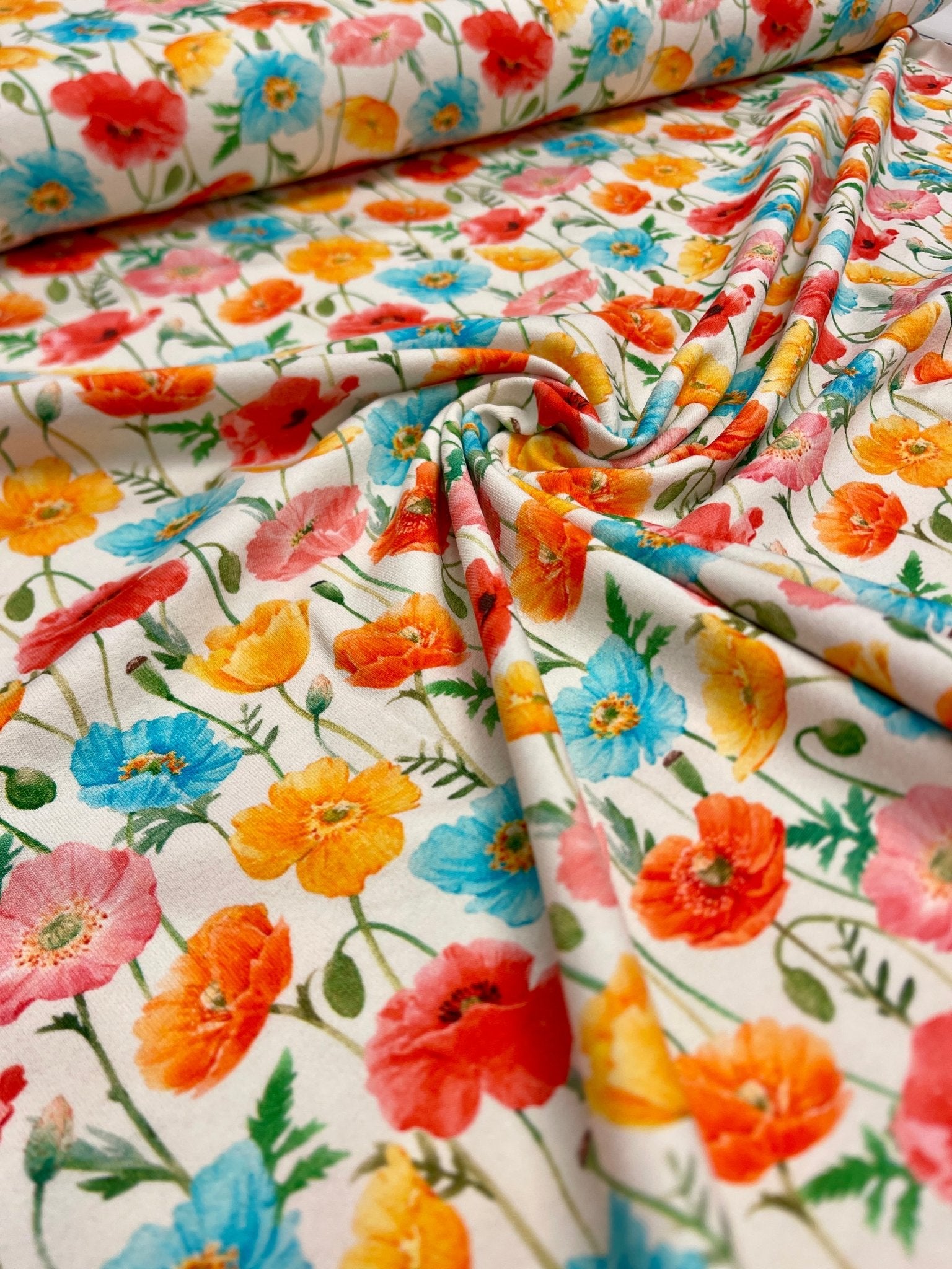 Jersey de coton - coquelicots colorés sur fond blanc 250 g/m²