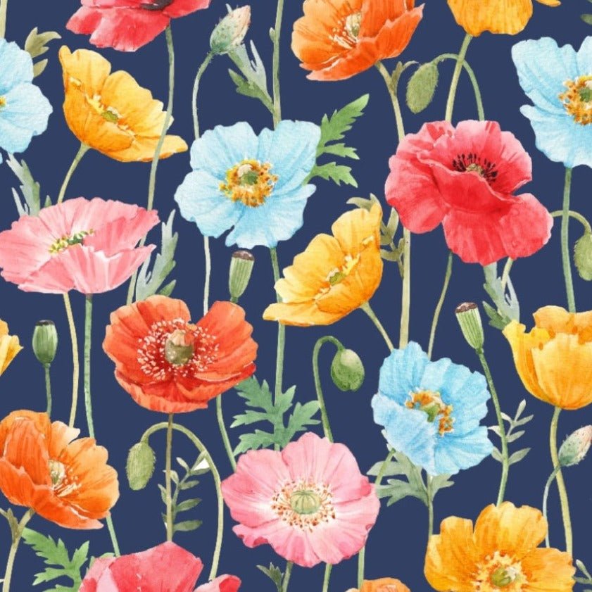 Jersey de coton - coquelicots colorés sur fond bleu foncé 250 g/m²