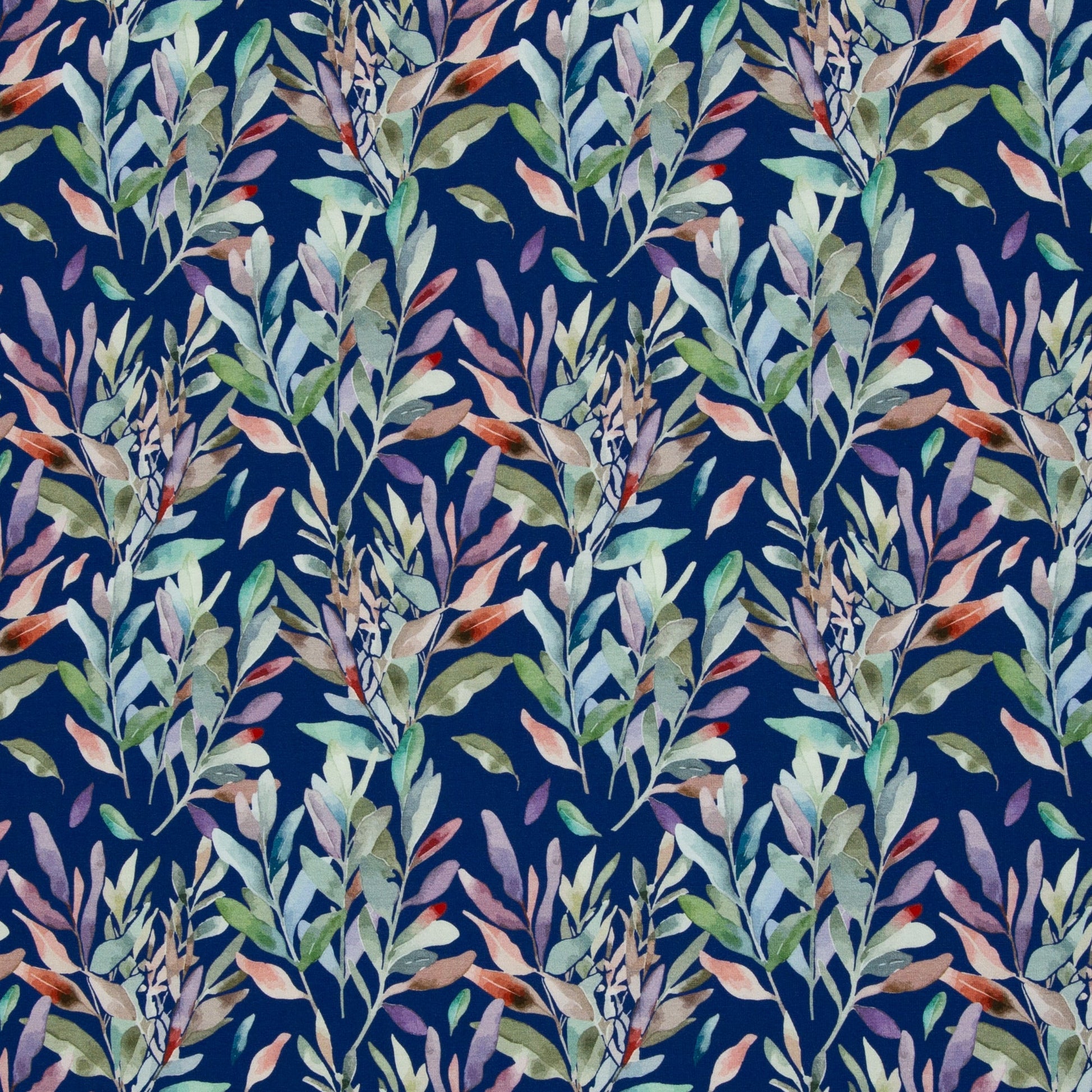 Cotton jersey - leaves on a blue background 200 g/m²