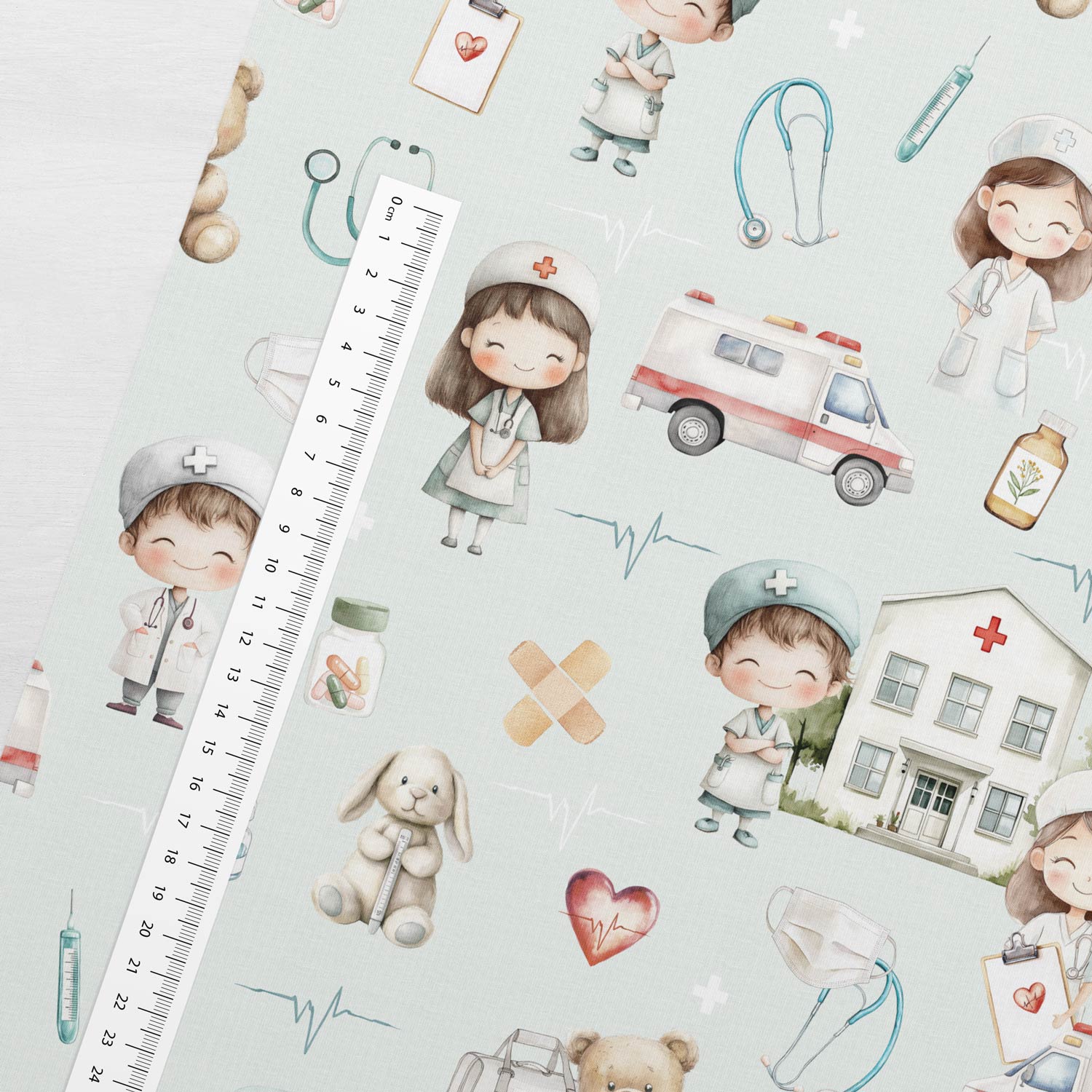 Image avec jersey en coton - petits médecins 200 g/m² – disponible chez Šarlotes audumi