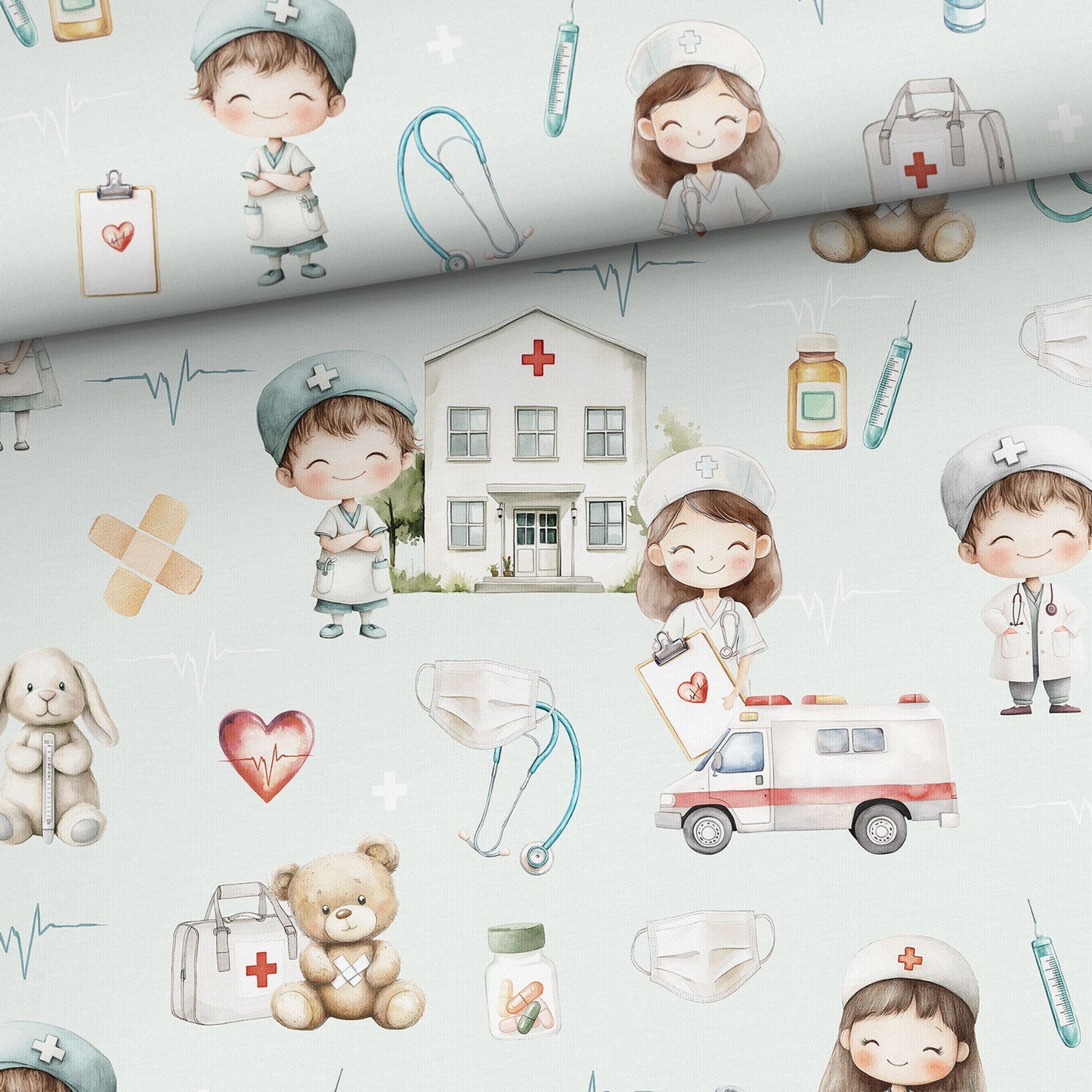 Image avec jersey coton - petits médecins 200 g/m² – disponible chez Šarlotes audumi