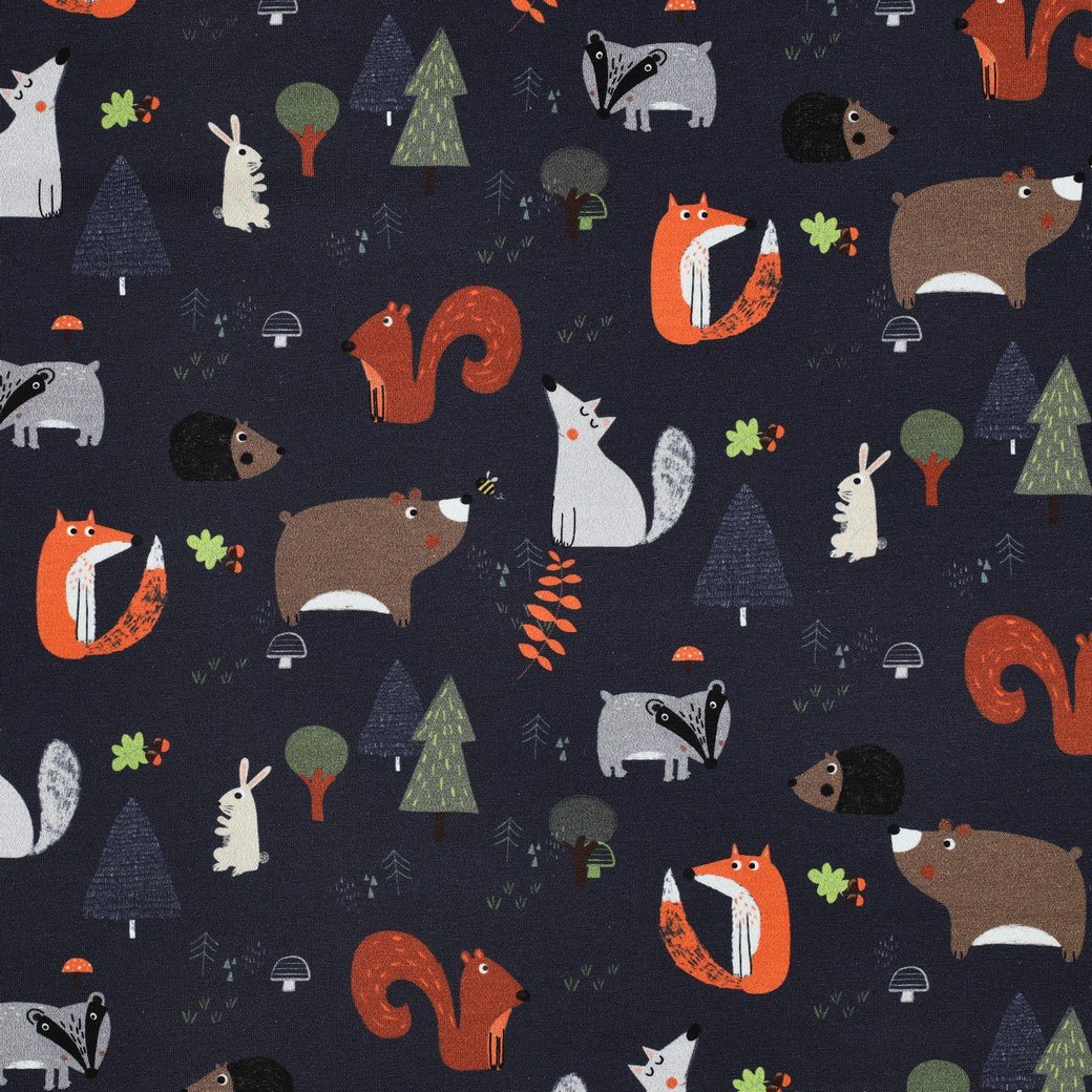 Attēls ar Kokvilnas trikotāža-meža zveri uz tumši zila – pieejams internetā Šarlotes audumi