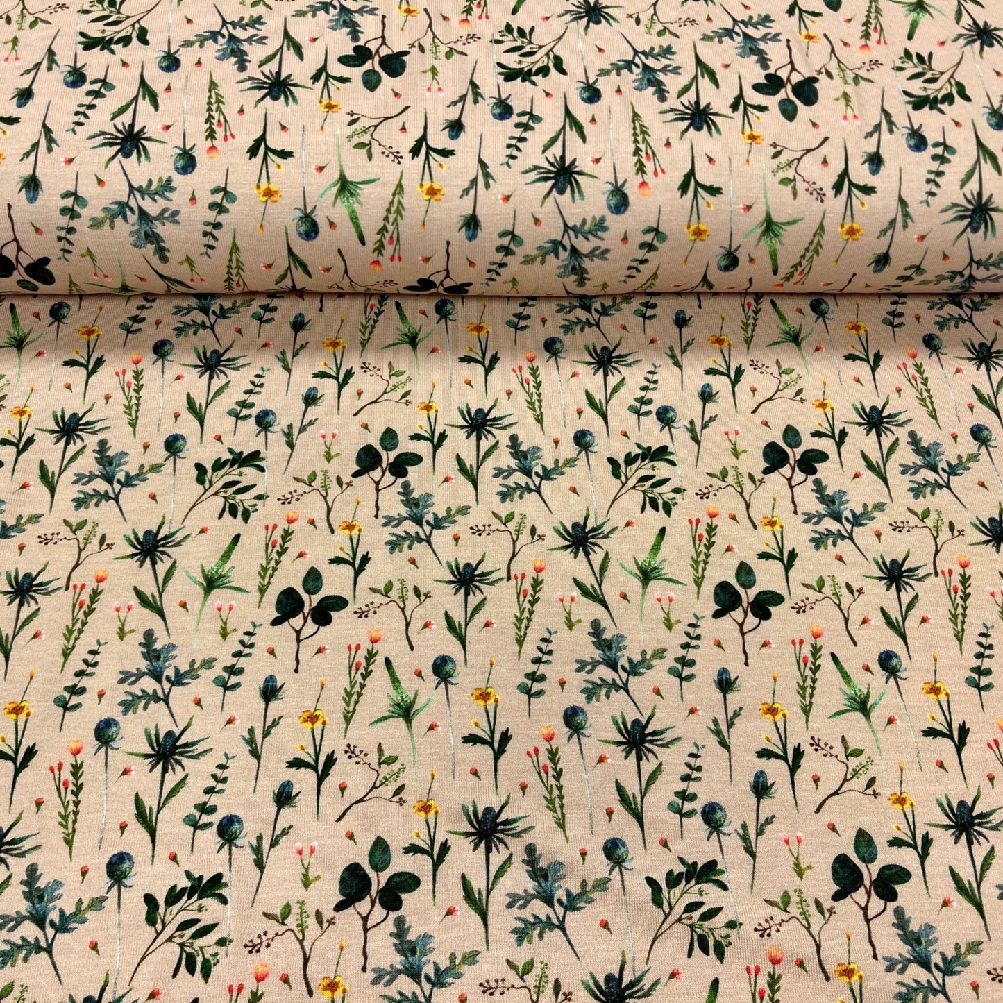 Jersey de coton motif prairie sur fond beige 210 g/m²