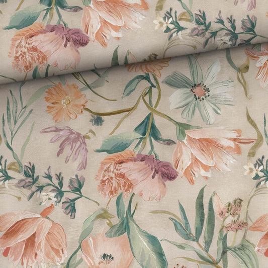 Cotton knit fabric - flowers on a beige background 200 g/m²