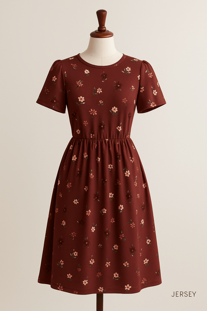 Jersey en coton - fleurs sur fond bordeaux 200 g/m²