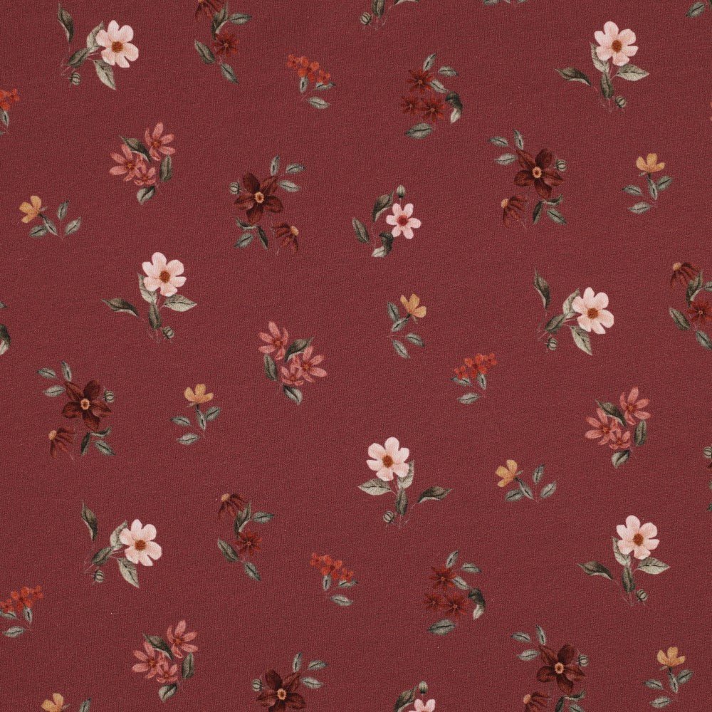Jersey en coton - fleurs sur fond bordeaux 200 g/m²