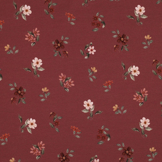 Jersey en coton - fleurs sur fond bordeaux 200 g/m²