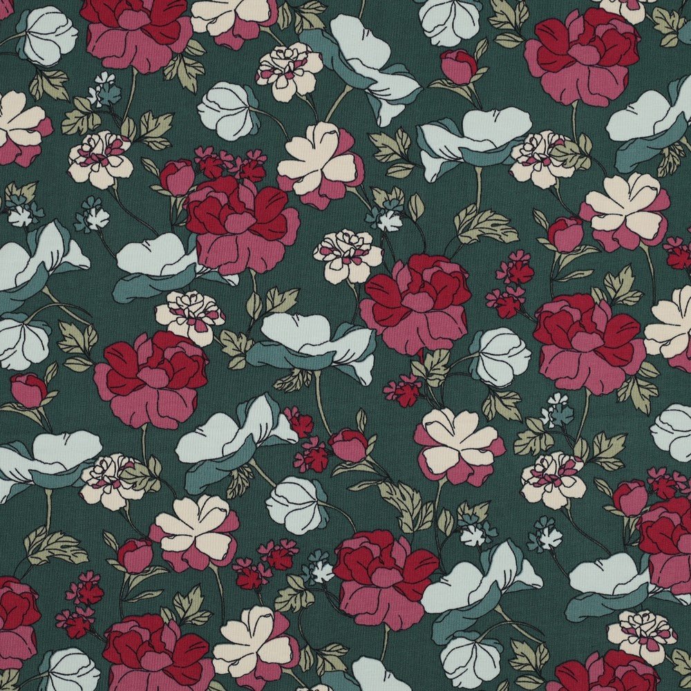 Jersey de coton - fleurs sur fond vert 200 g/m²