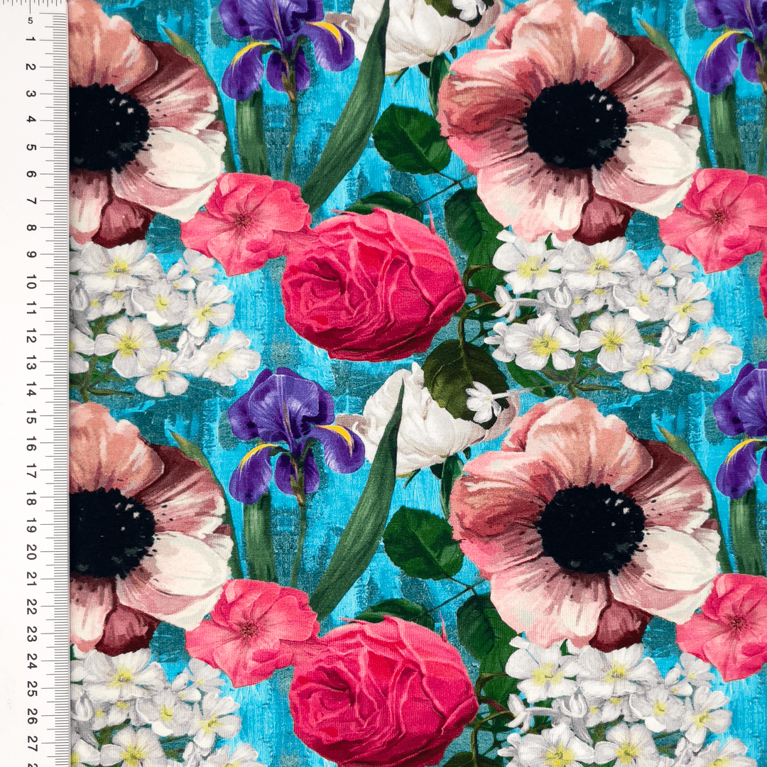 Jersey de coton - roses et iris 200 g/m²