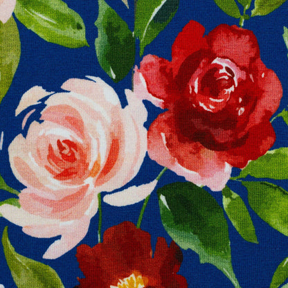 Jersey en coton - roses sur fond bleu 200 g/m²